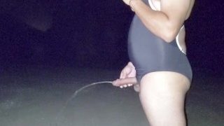 Fat Guy In Woman’s One Piece Swimsuit Starts Fapping In Public At Night & Than Has To Pee – Bodysuit