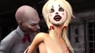 Mann mit Clownsmaske spielt mit einer süßen sexy Blondine im verlassenen Raum