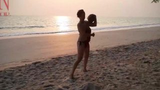 Nice Lady At Lonely Nudist Beach. Red Swimsuit. Red Bikini. Coconut