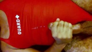 Solo Male Masturbation Wearing Womans Red Lifeguard One Piece Swimsuit