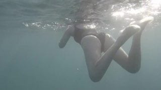 Swimming And Peeping On Acquatica, Dressed In A Black One-Piece Swimsuit, Spyng On Legs And Feet