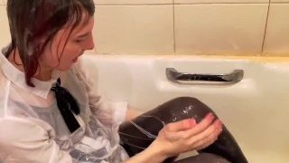 Tina Tackle Playing With Lotion In A Japanese School Swimsuit