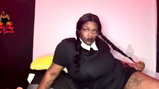 Black Wendesday Addams Is Double Penetrating Herself While Squirting