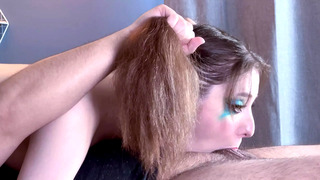 4K Side POV Sloppy Handlebar Deepthroat Facefuck for Harley Quinn Ends with Head Pumping Cum in Throat