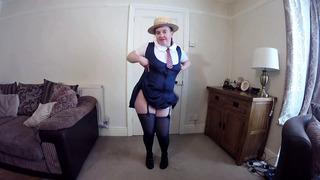 Step Mom wearing Schoolgirl Uniform with Stockings & Suspenders