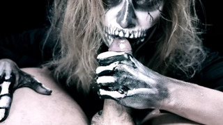 Skeleton girl sucks cock. Horror halloween