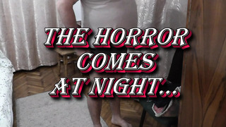 Halloween 2022. Beautiful horror comes at night. Cute naked girl frightened man.