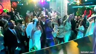 Horny brunette bride eats a big cock in public
