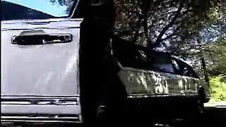 Redhead bride has fun on the way to the church