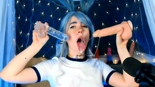 My blue hair and bunny ears while taking two big toys at once