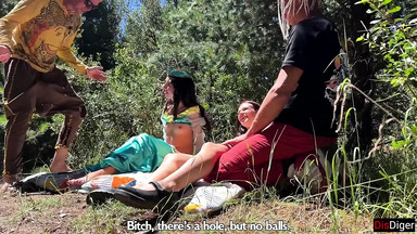 Cute Princesses Jasmine and Snow White Get Fucked by Rough Guys in a Fairy-tale Forest